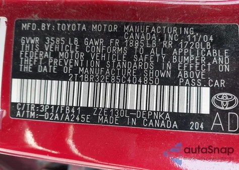 2005 Toyota Corolla Le z USA, uszkodzony, nr VIN 2T1BR32E85C404850